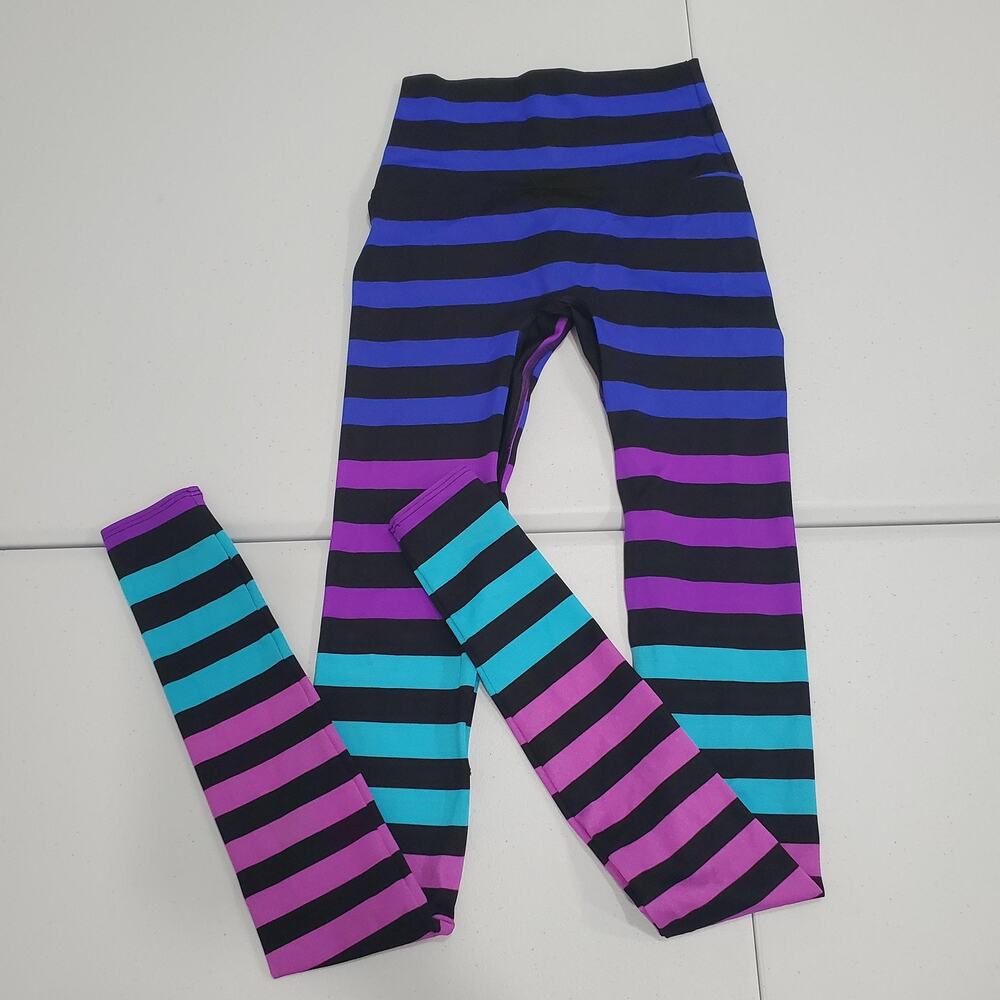 K-Deer Leggings Womens XS Black Blue Purple Striped High Waist Yoga Pants Bright